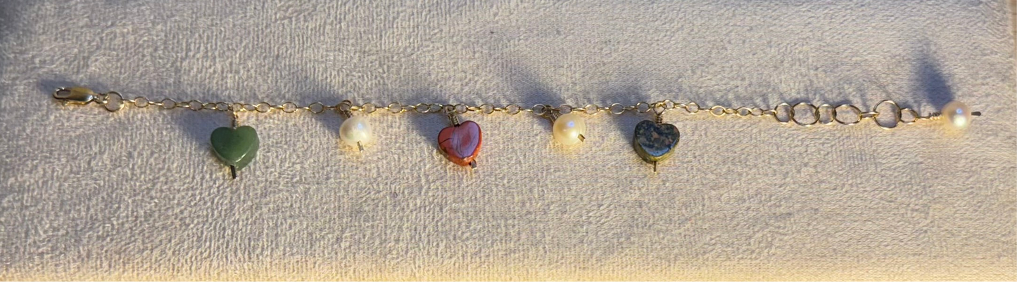 Amore- Multicolor Hearts and Freshwater Pearls Charm Bracelet