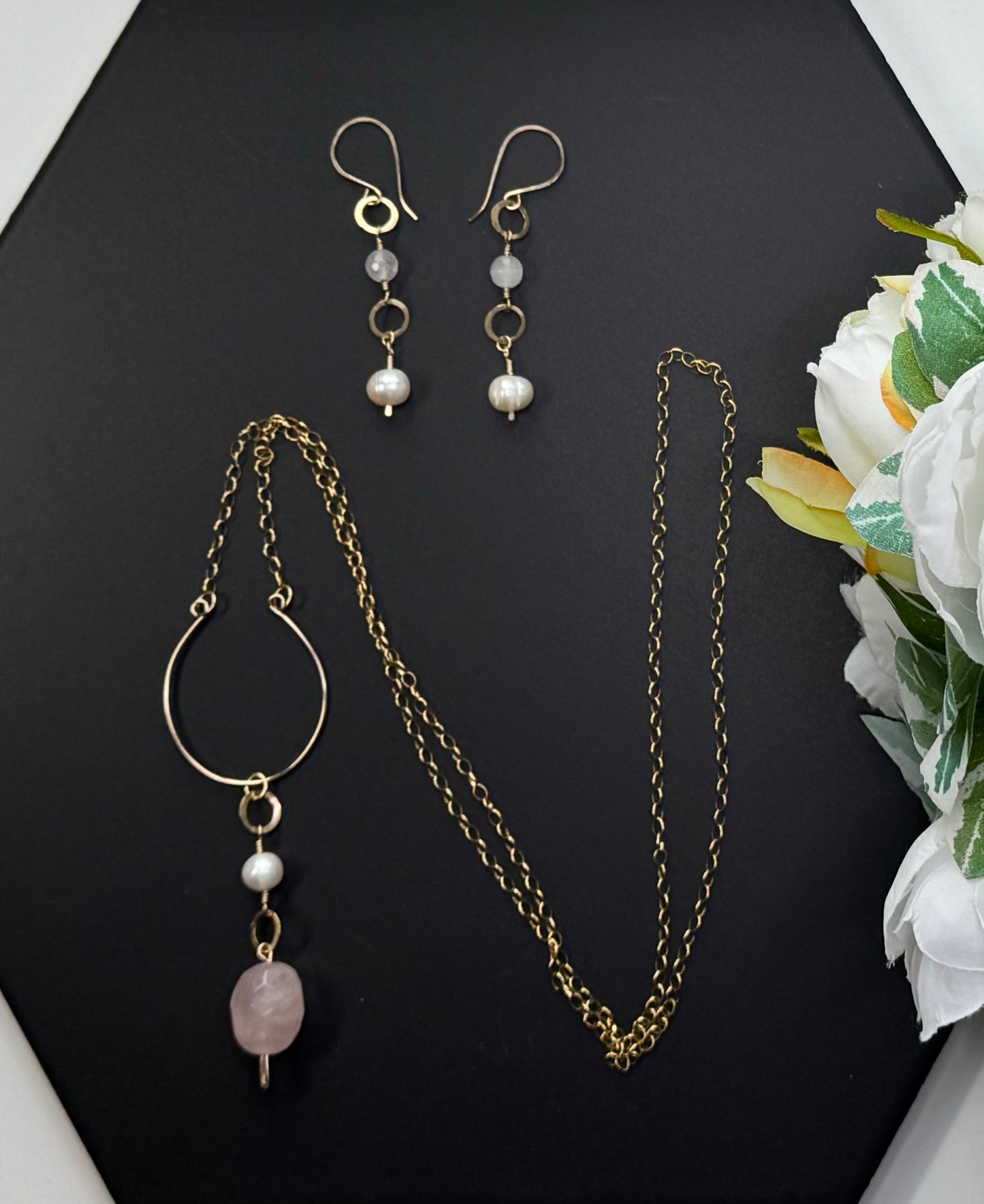"U" Shape Rose Quartz Necklace and Earrings