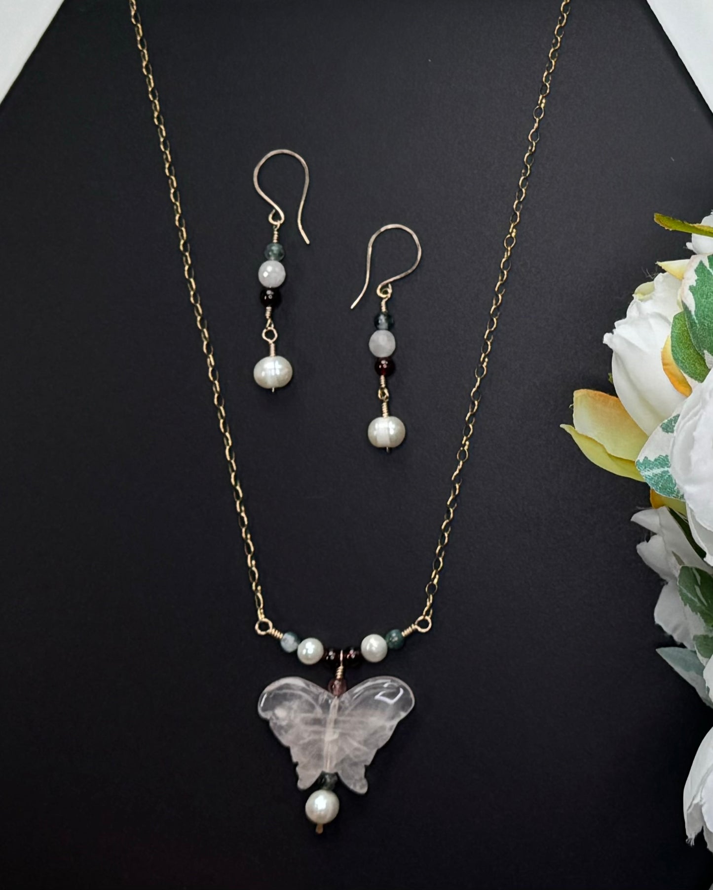 Quartz Butterfly Necklace and Earrings