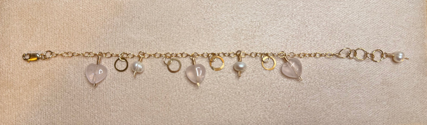 Amore- Rose Quartz Hearts Charm Bracelet