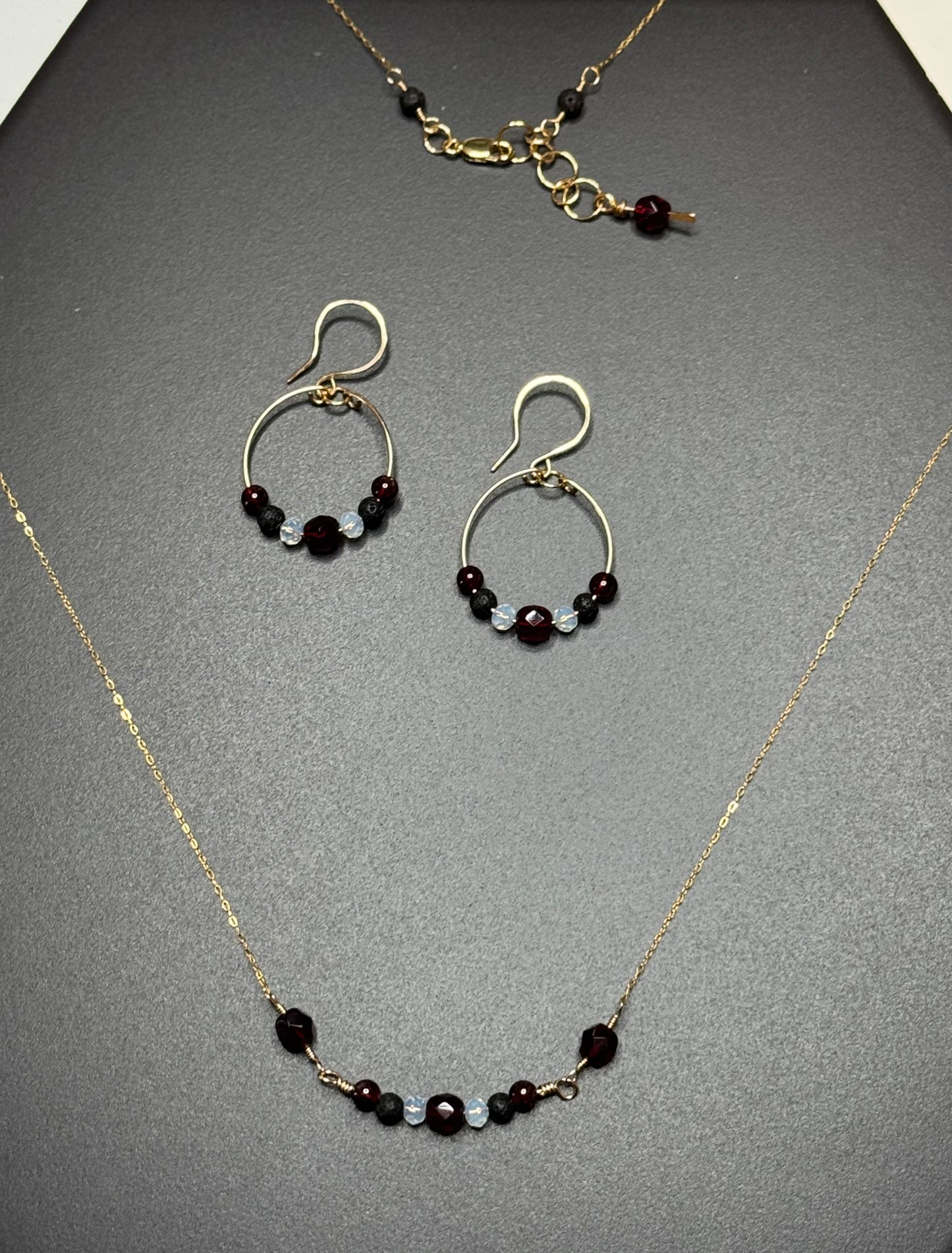 Garnet and Opalite necklace and Hoops earrings set