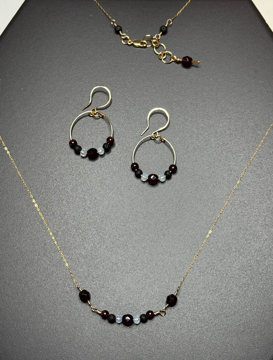 Garnet and Opalite necklace and Hoops earrings set