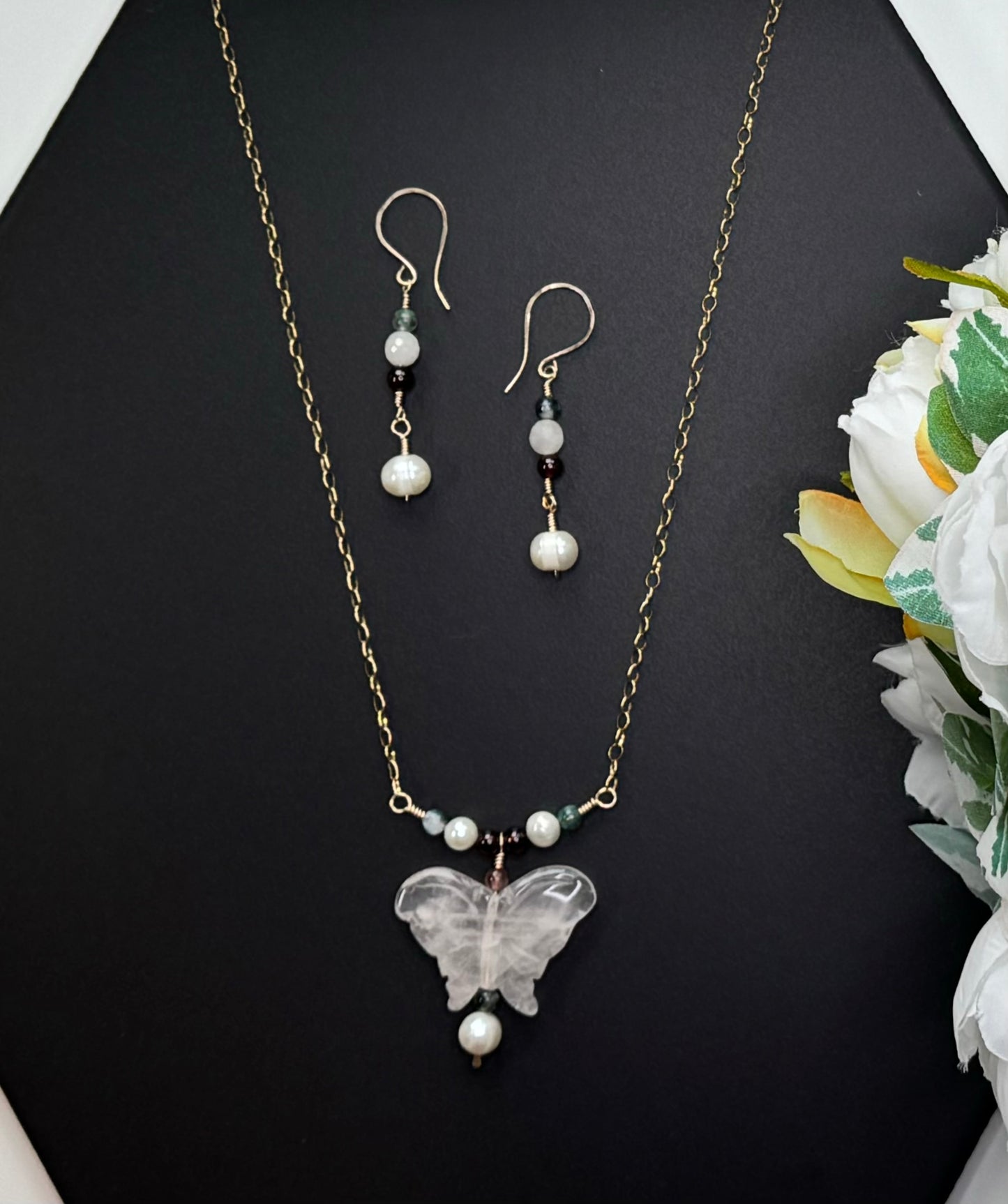 Quartz Butterfly Necklace and Earrings