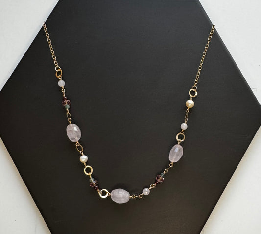 Rose Quartz and Rings Necklace