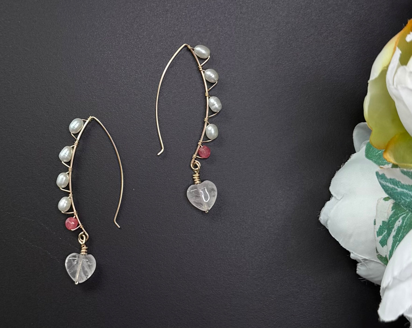 Amore- Rose Quartz and pearl Dangle Earrings